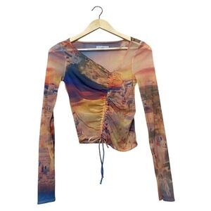Urban Outfitters Mesh Ruched Scenic Print Long Sleeve Top Sunset Landscape